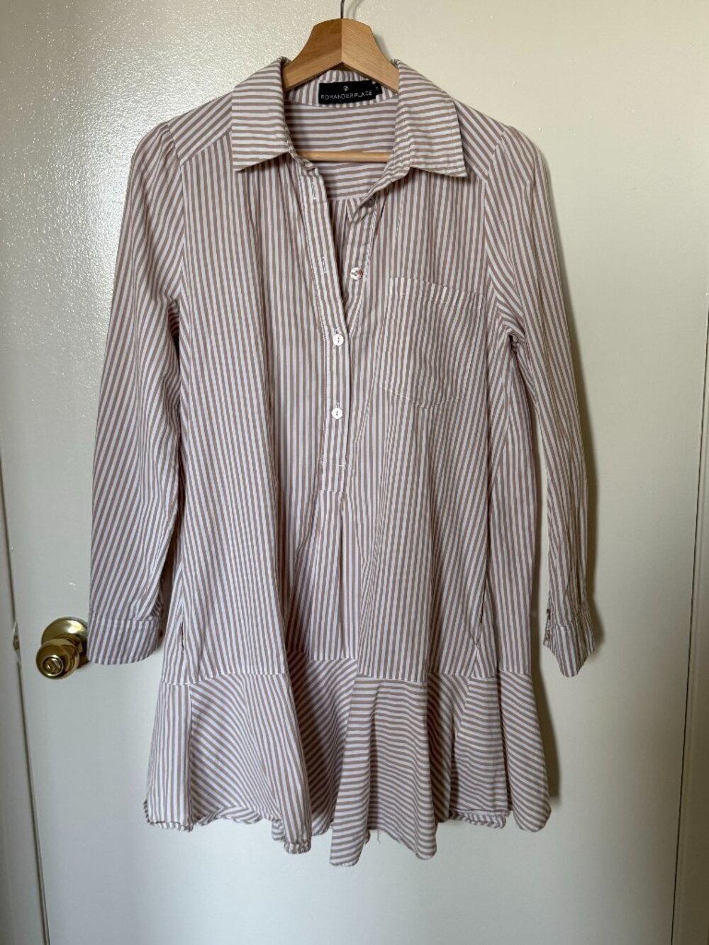 NEW Pomander Place Brown Stripe Collared Flounce Hem Long Sleeve Shirt Mini Dre